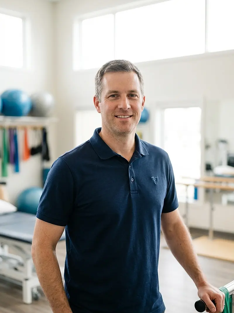 Dr. Marcus Bell, DPT, SCS, in a navy clinic polo