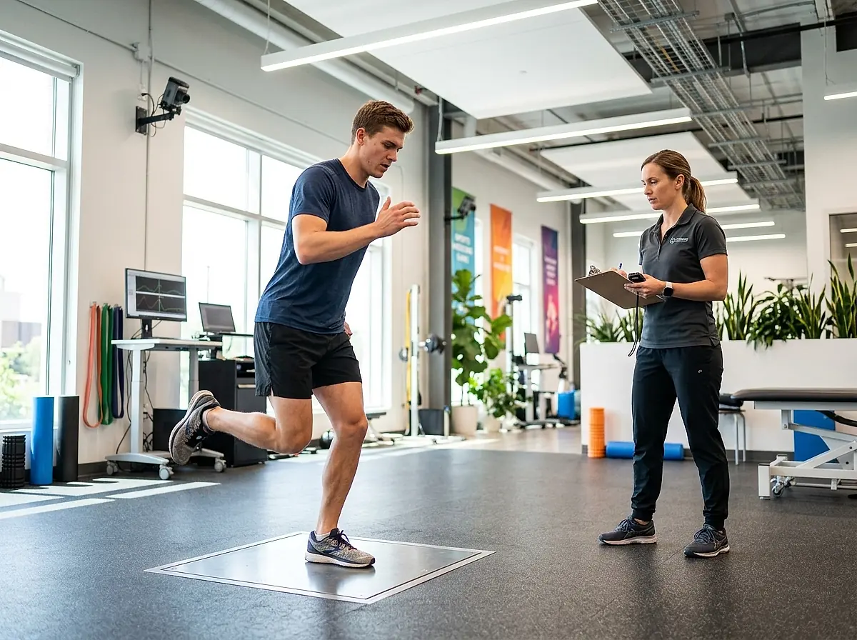 Athlete performing a single leg hop while a therapist records the test