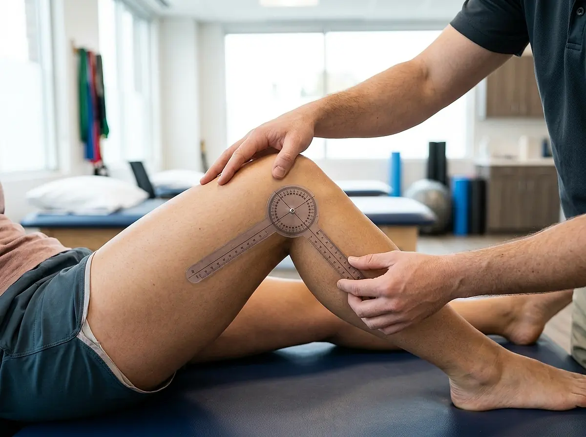 Therapist measuring a patient's knee range of motion with a goniometer