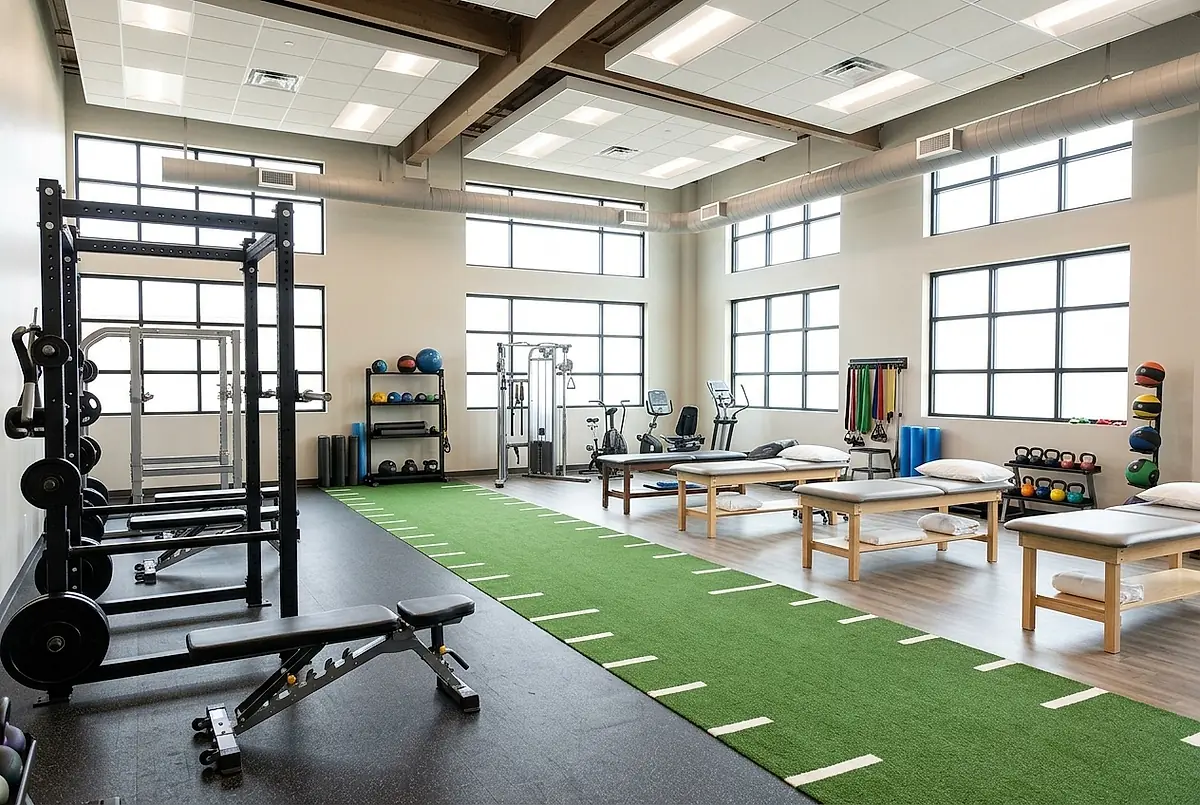 The rehabilitation gym floor at the clinic, with treatment tables and exercise equipment
