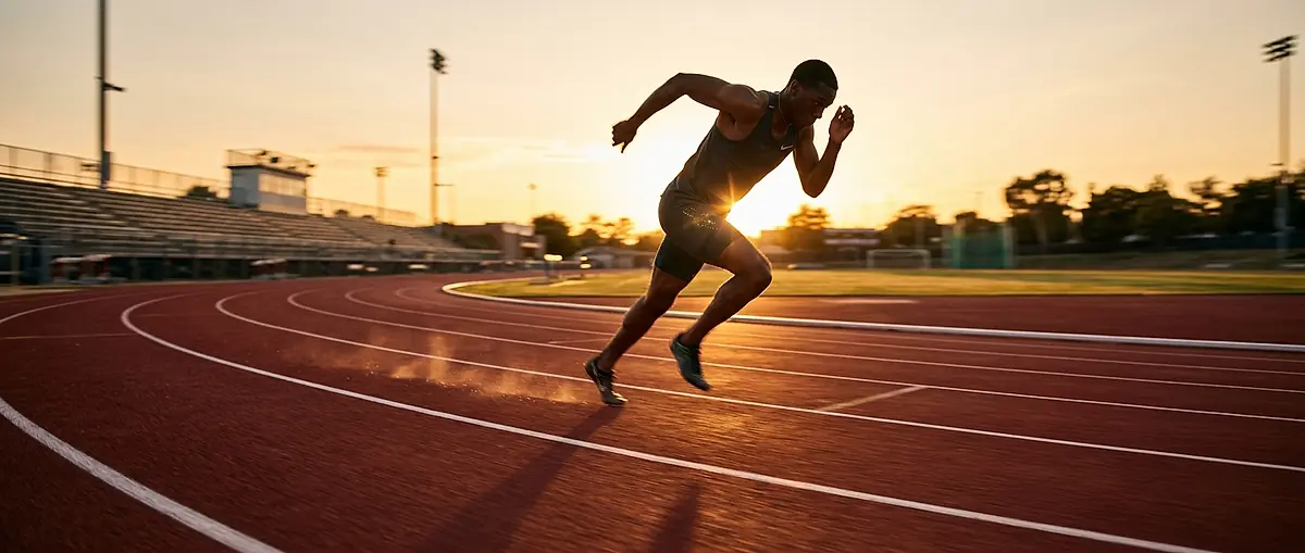 Runner on an outdoor track at sunset