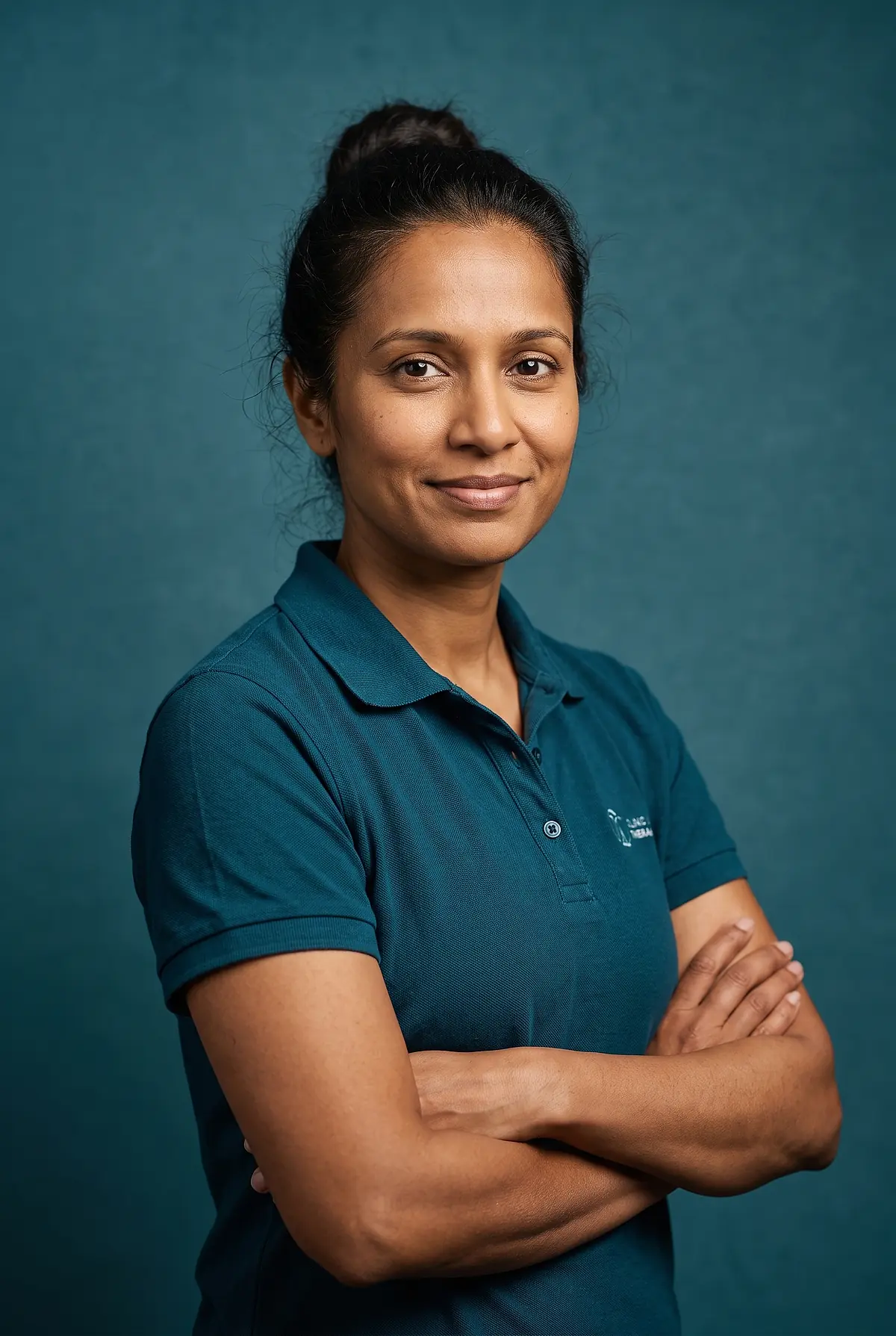 Priya Raman, a physical therapist in a deep teal clinic polo, standing with her arms folded