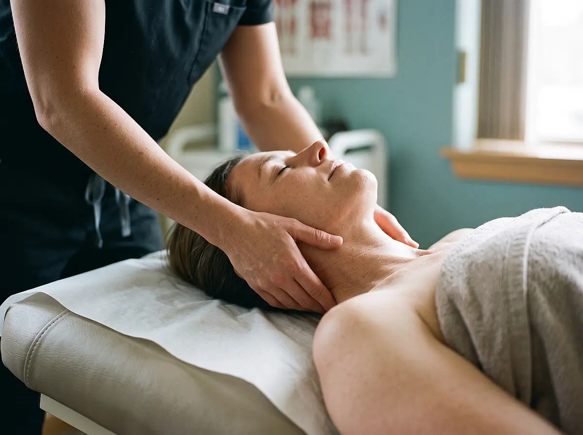 Therapist's hands working on the muscles at the base of a patient's neck