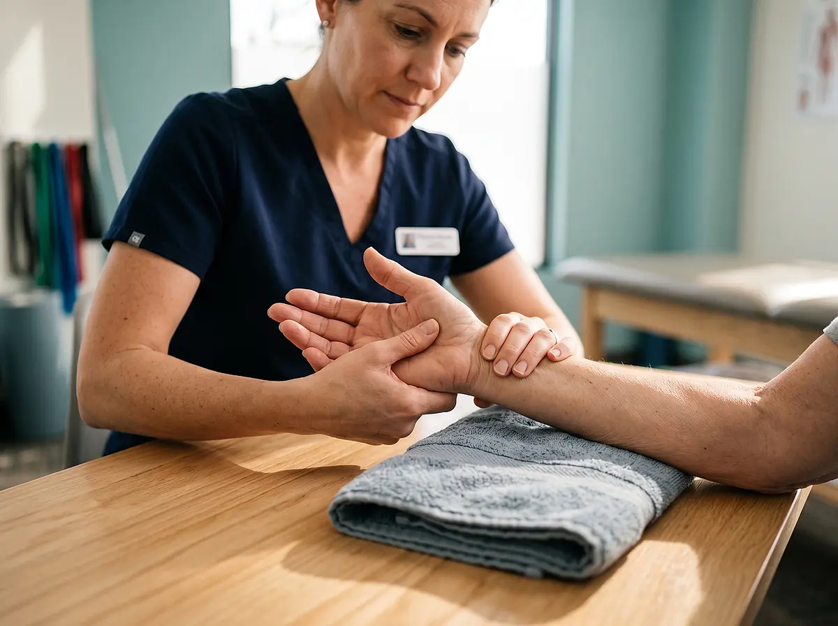 A therapist holding a patient's hand and pressing gently into the base of the palm