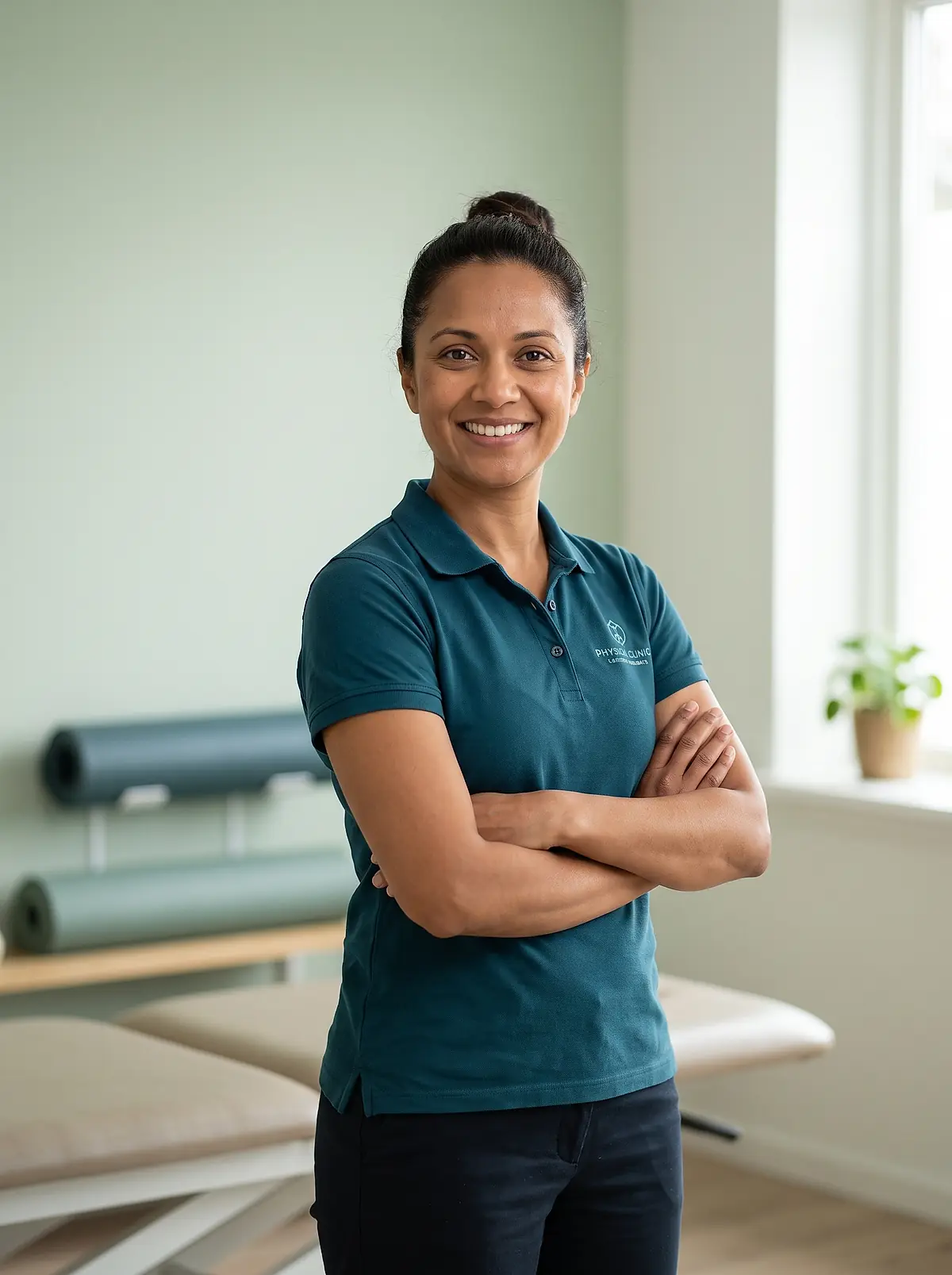 Priya Raman standing in her treatment room with her arms folded and smiling