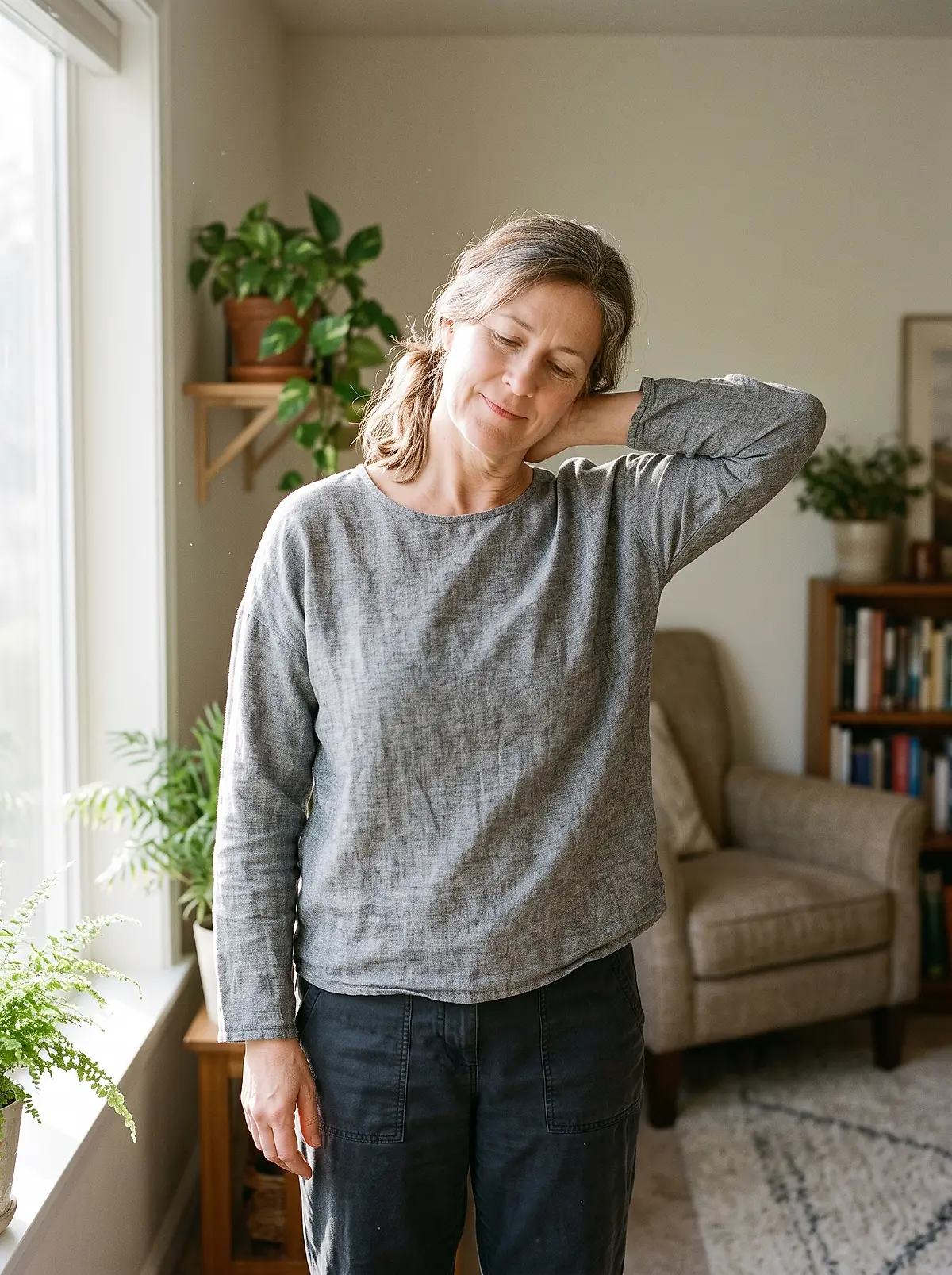 A woman doing a gentle neck stretch beside a window at home
