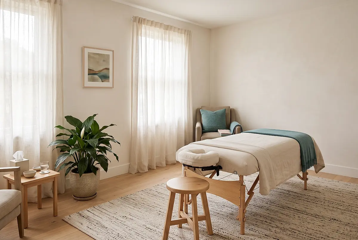 A quiet treatment room with a made-up table, a wooden stool and a plant