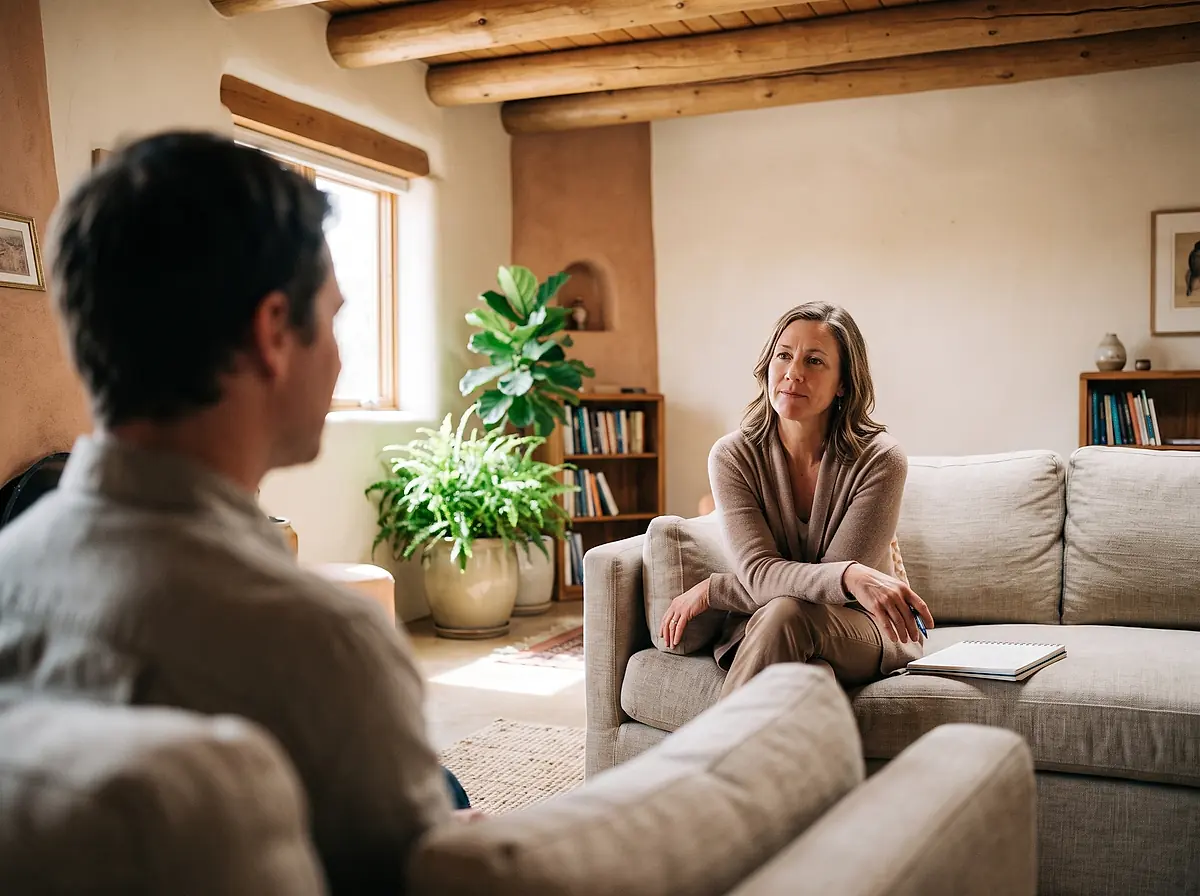 A counselor and a client talking across a linen sofa in a sunlit room.