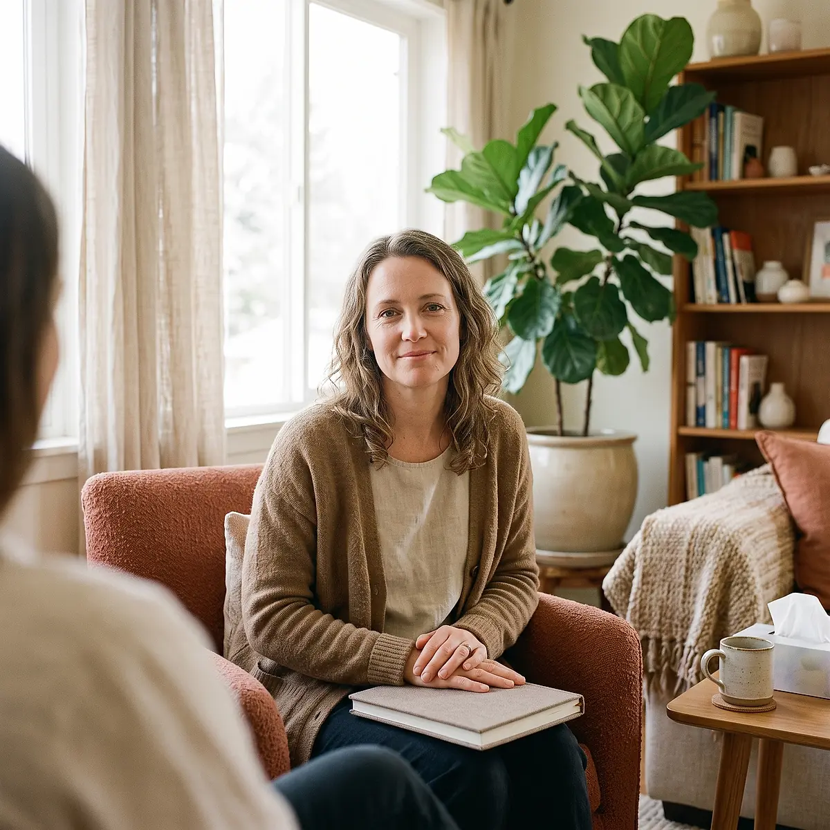 A counselor seated in a warm room, holding a closed notebook.