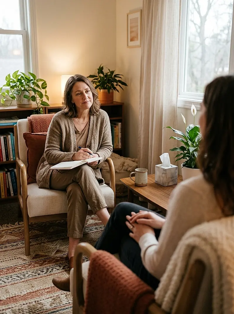 A counselor listening, notebook open, to a client seen from behind.