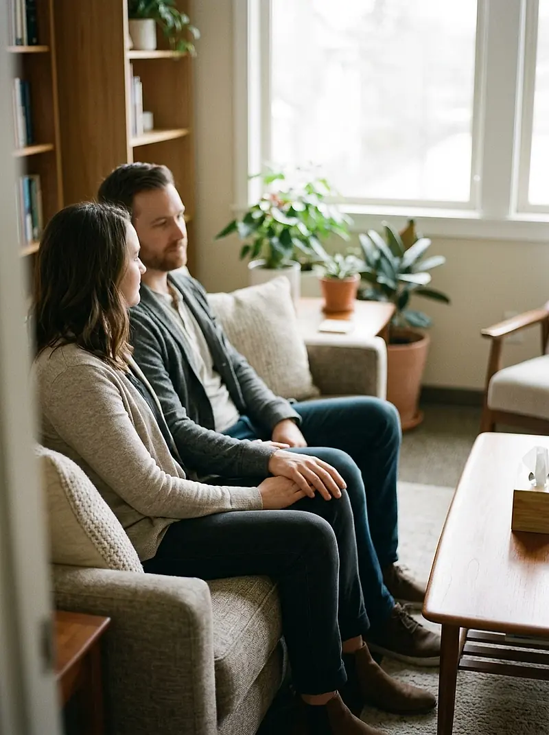 A couple sitting close together on a sofa, mid-conversation.
