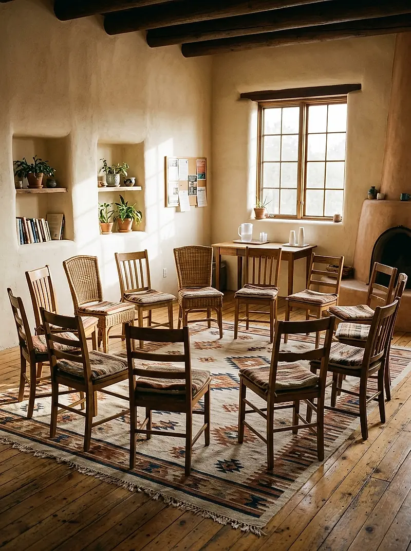 A circle of chairs with woven cushions in a sunlit room, waiting for a group.