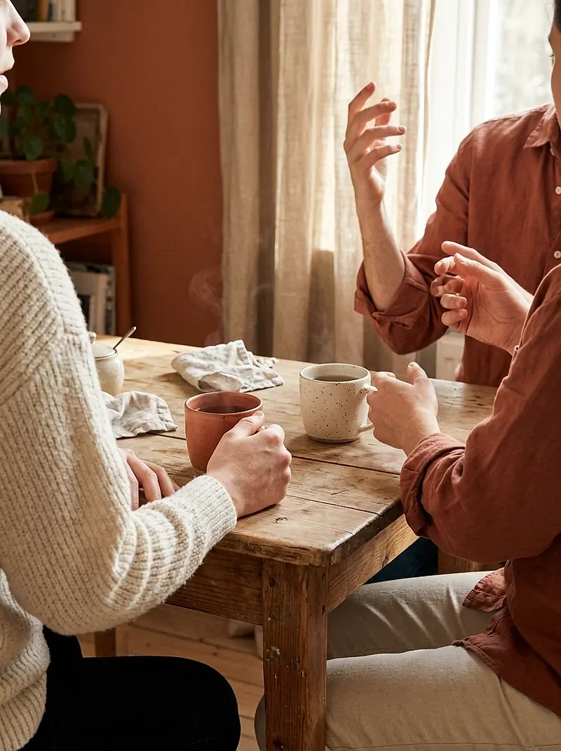Two people talking over cups of tea at a small table.