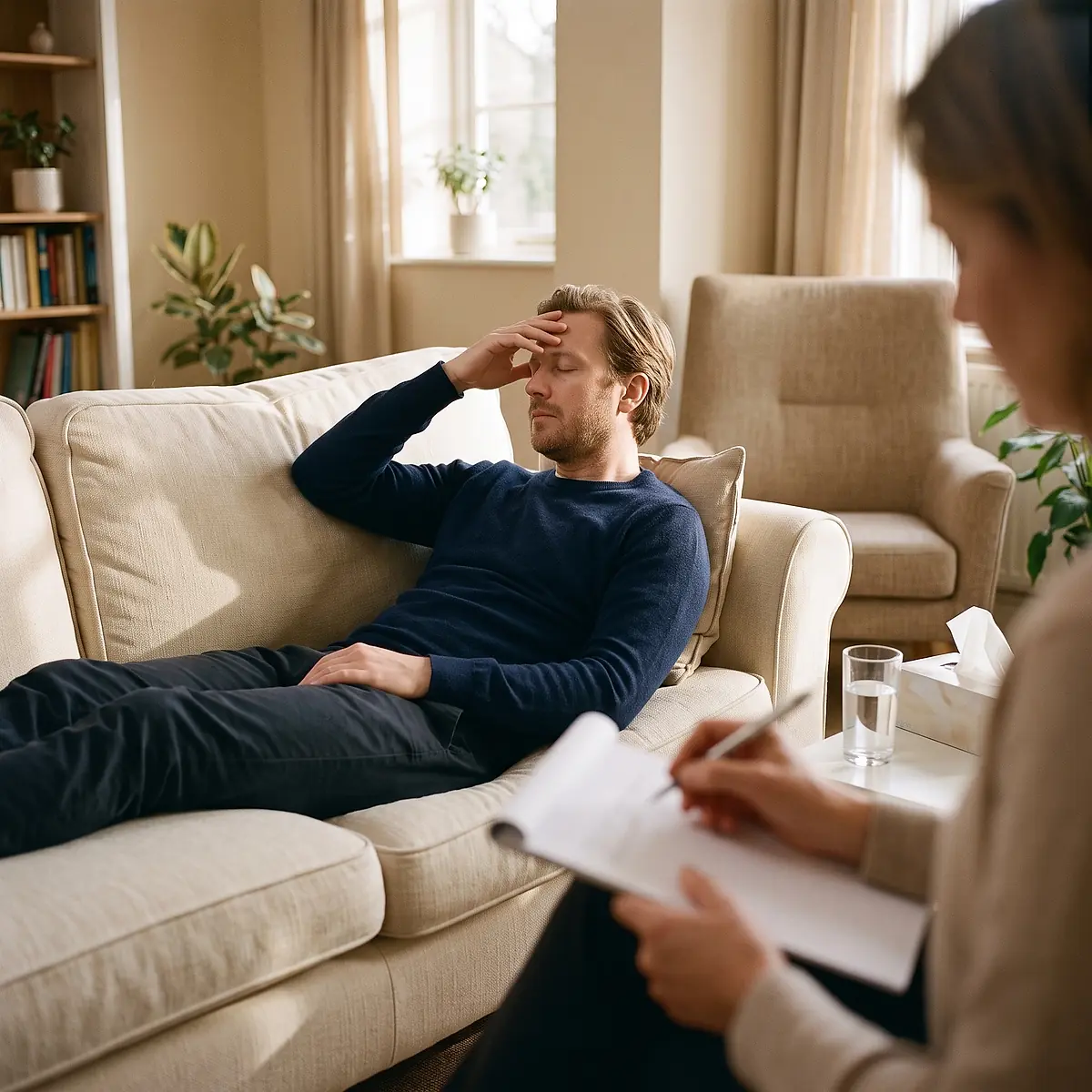 A client resting on a sofa during a session while the counselor takes notes.