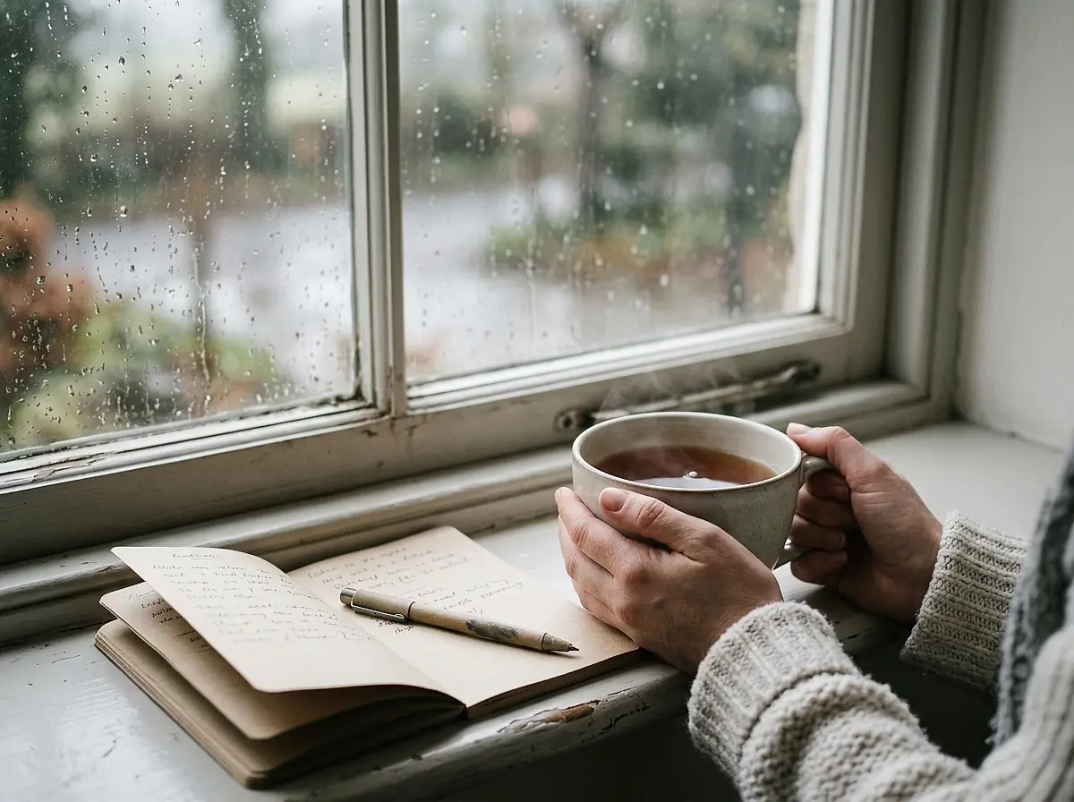 A mug of tea held by a window beside an open notebook.
