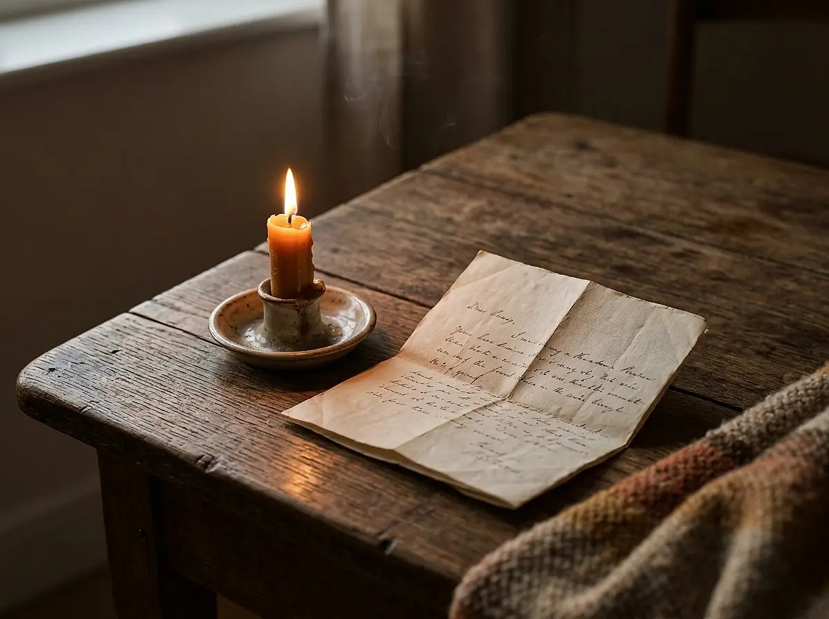 A lit candle beside a folded letter on an old wooden table.