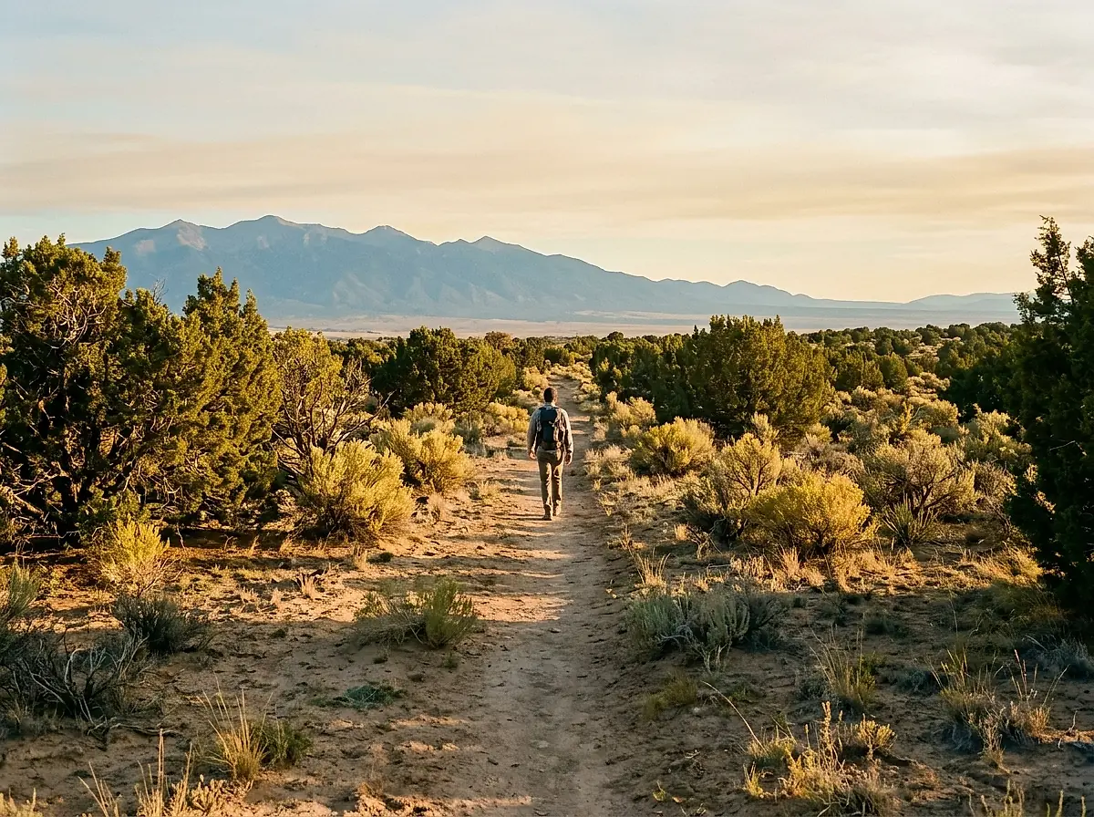 A person walking a high desert trail at golden hour.