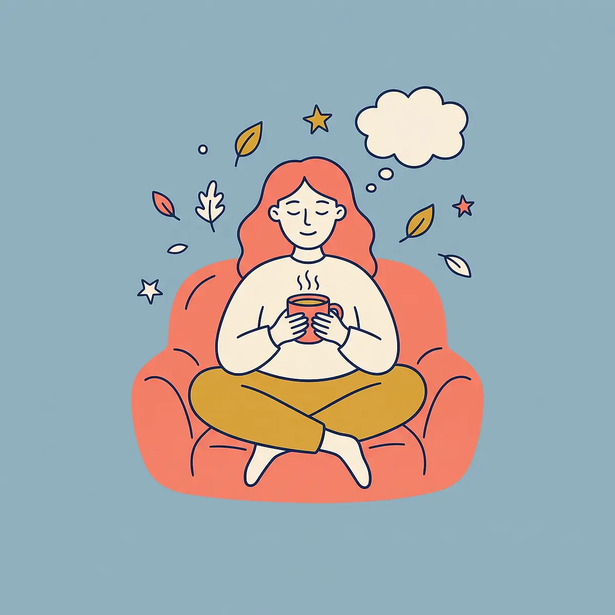 Illustration of a person sitting in an armchair with a mug of tea, looking calm