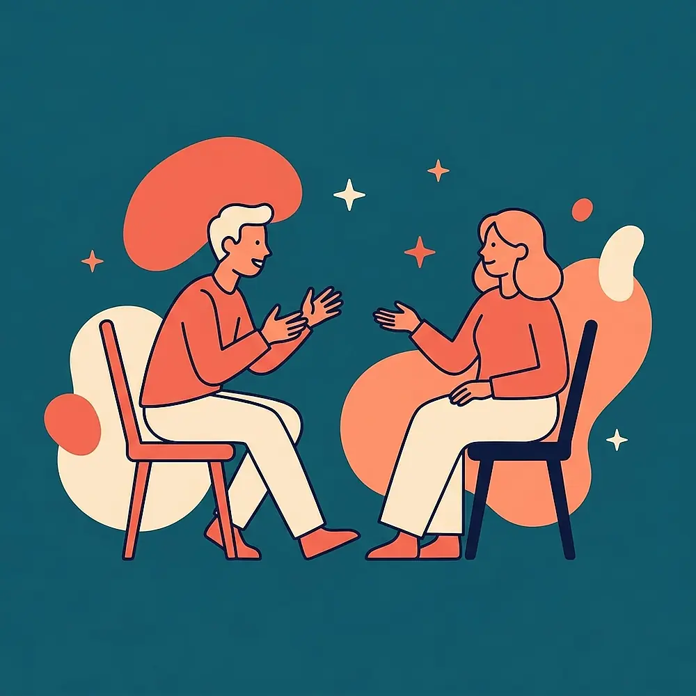Illustration of two people sitting in chairs and talking
