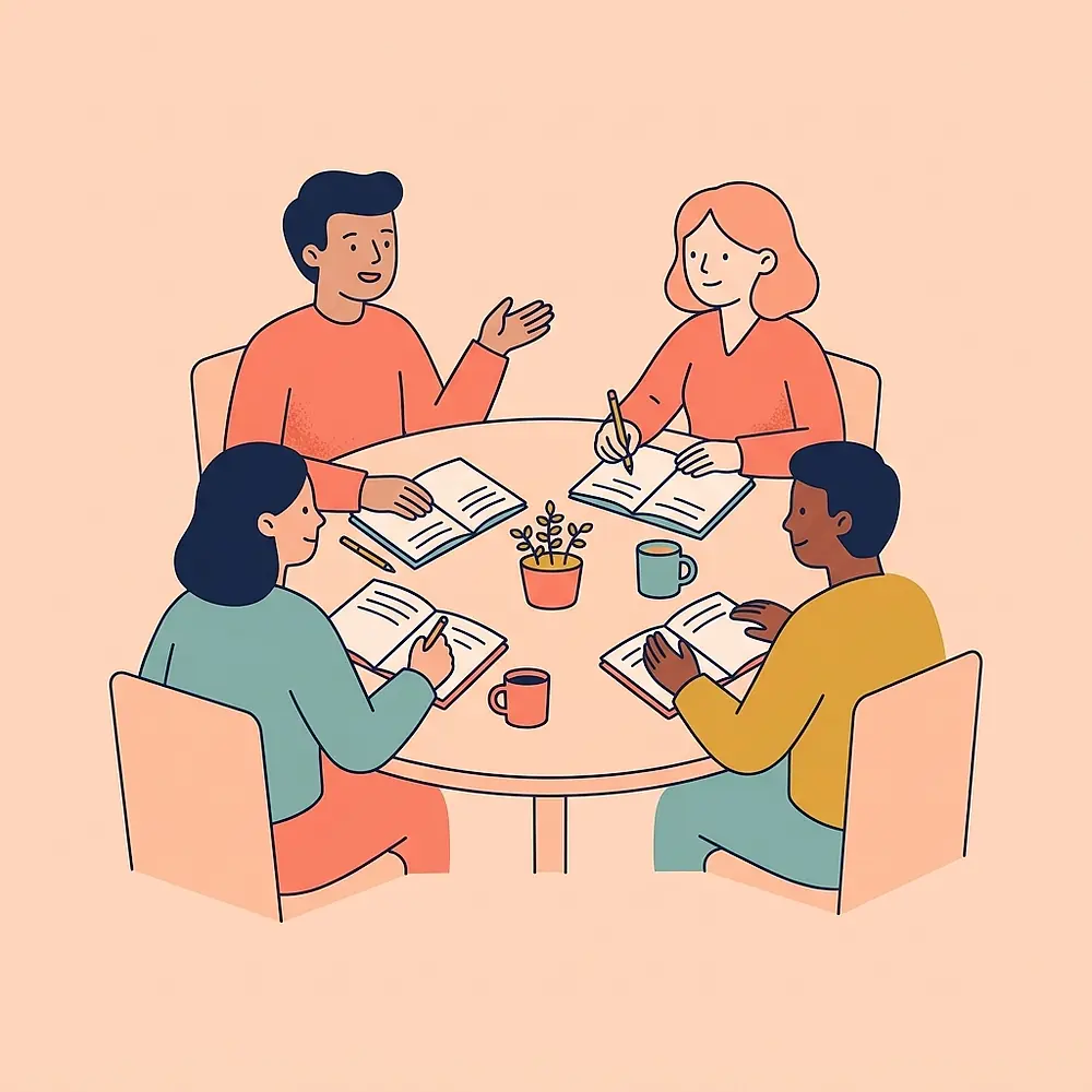 Illustration of a small group of people sitting around a table