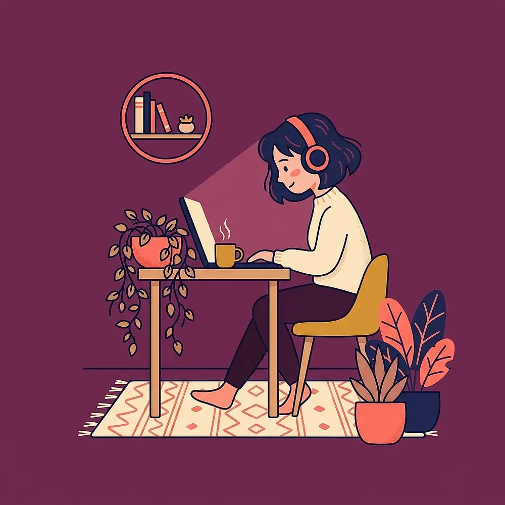 Illustration of a young person working at a laptop with headphones on