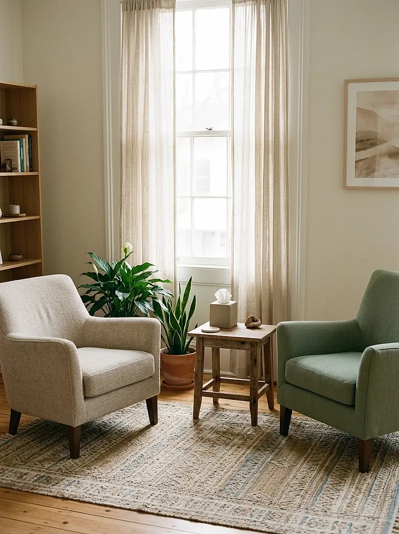 Two armchairs facing each other beside a plant in a small therapy office