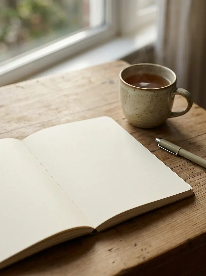 An open notebook, a pen and a mug of tea on a wooden table