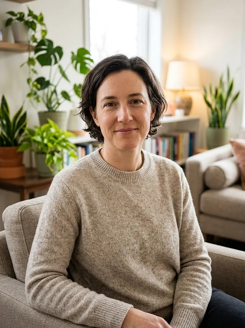 Jamie Sutton sitting in a bright room with plants