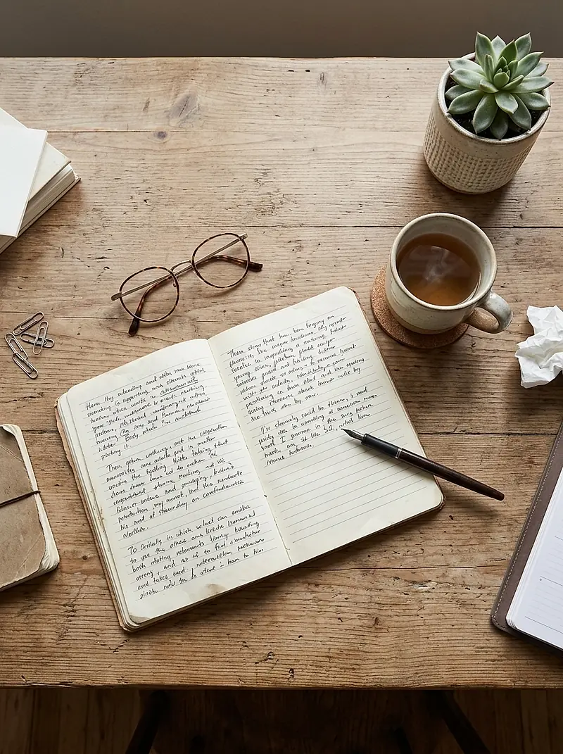 A desk with a notebook, reading glasses, a mug and a small plant