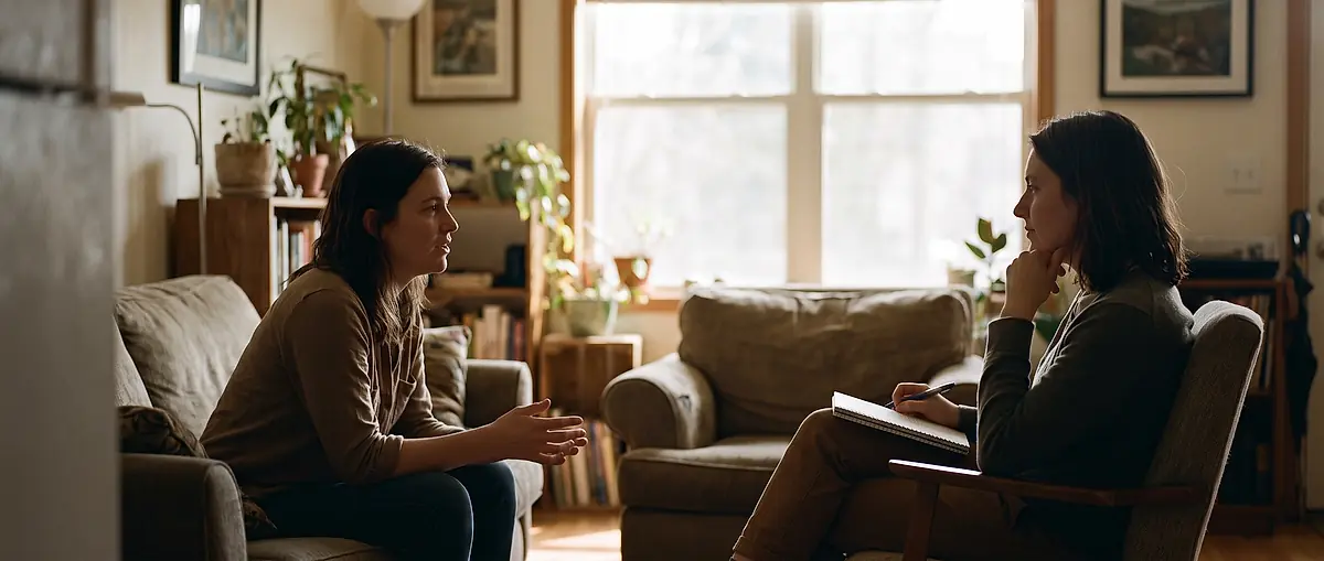 Two people sitting and talking in a sunlit room