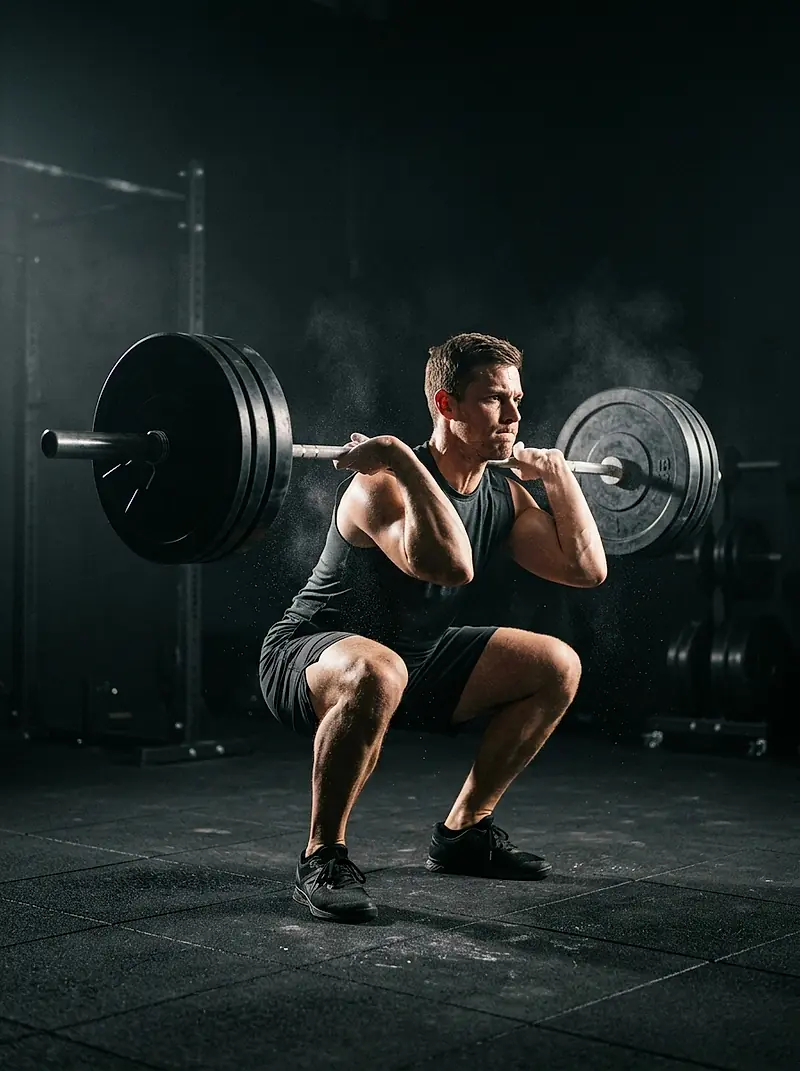 A client squatting a loaded barbell in the studio