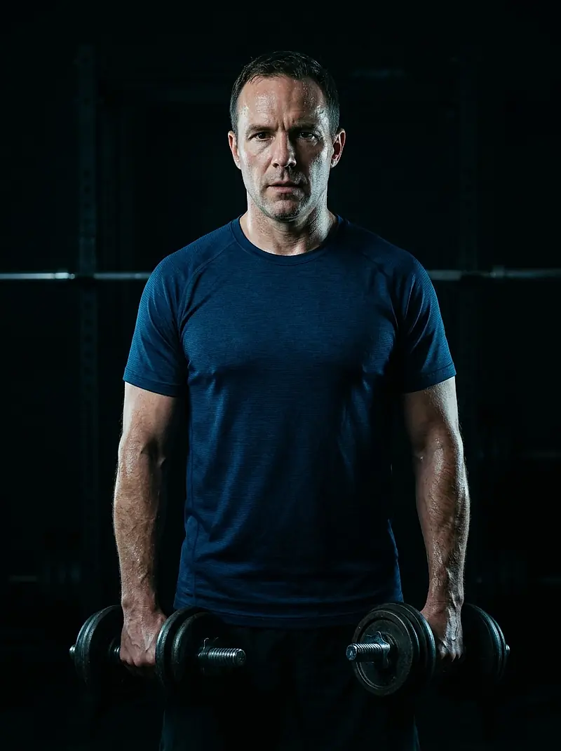 A client holding two dumbbells at the end of a set