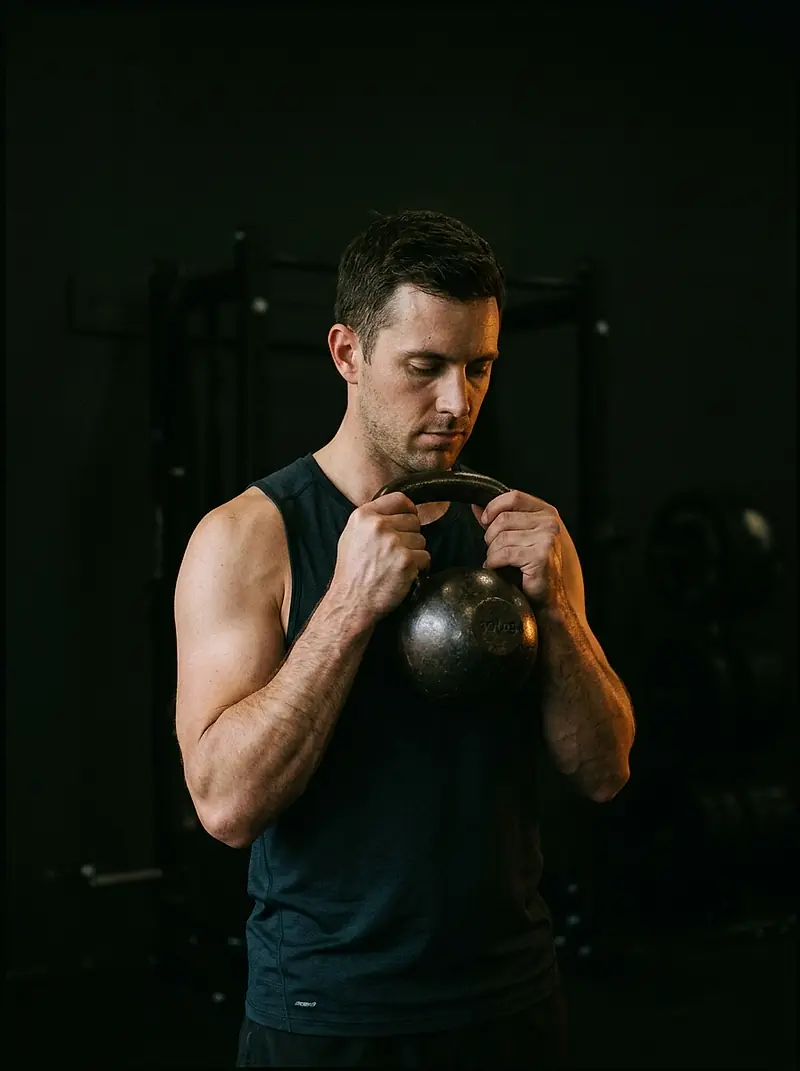 A client holding a kettlebell at the start of a set