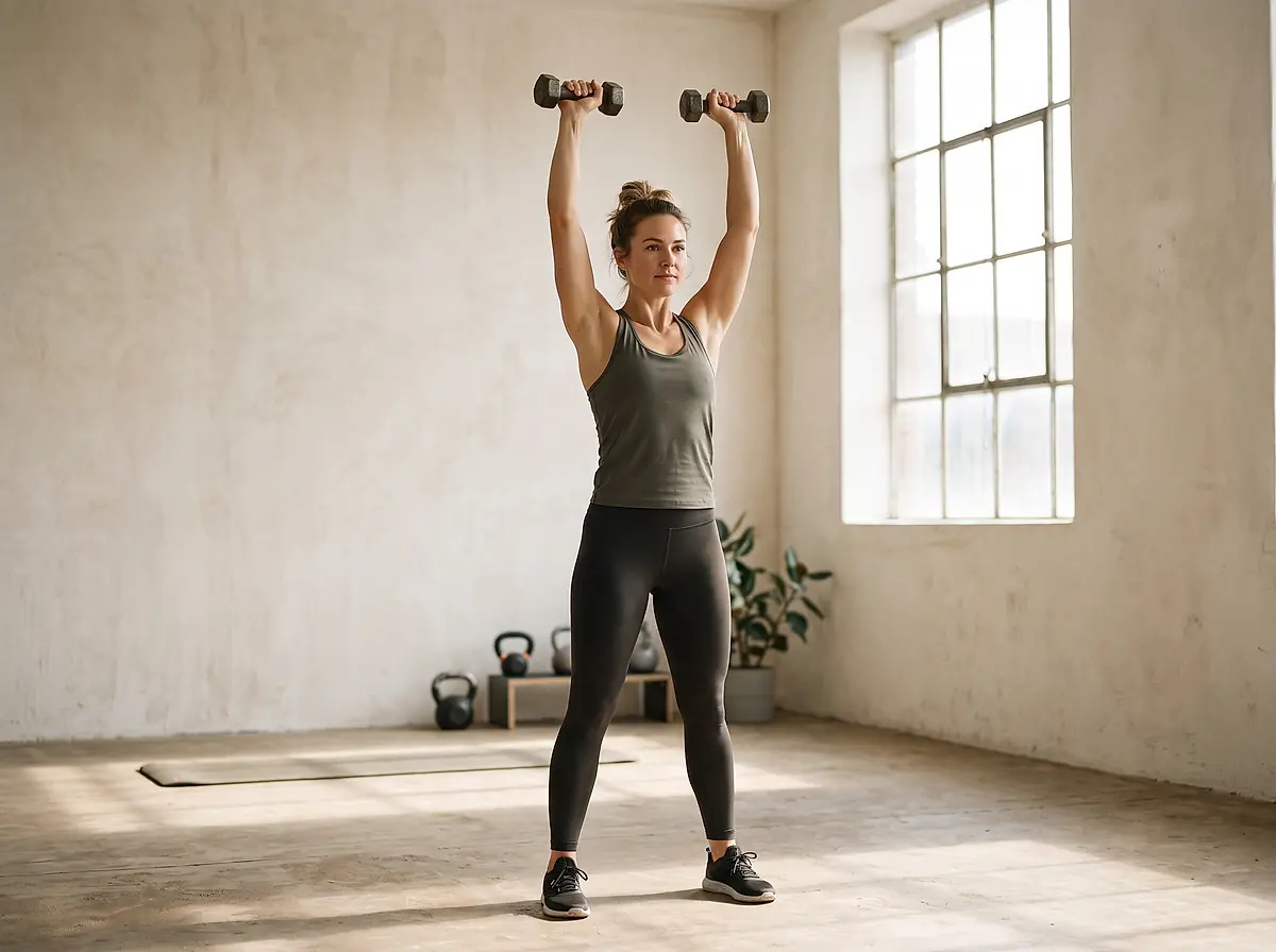 A client pressing two dumbbells overhead in the studio.