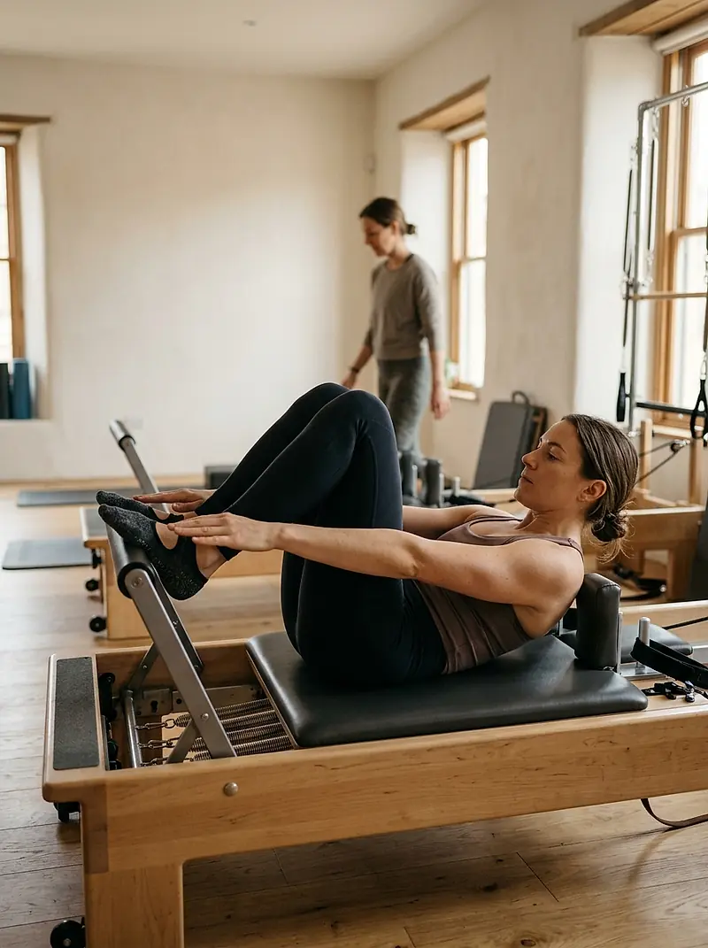 A client on the reformer with her hands on the footbar.