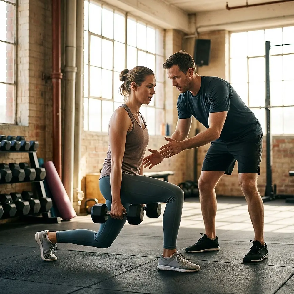 A coach guiding a client through a split squat with dumbbells.