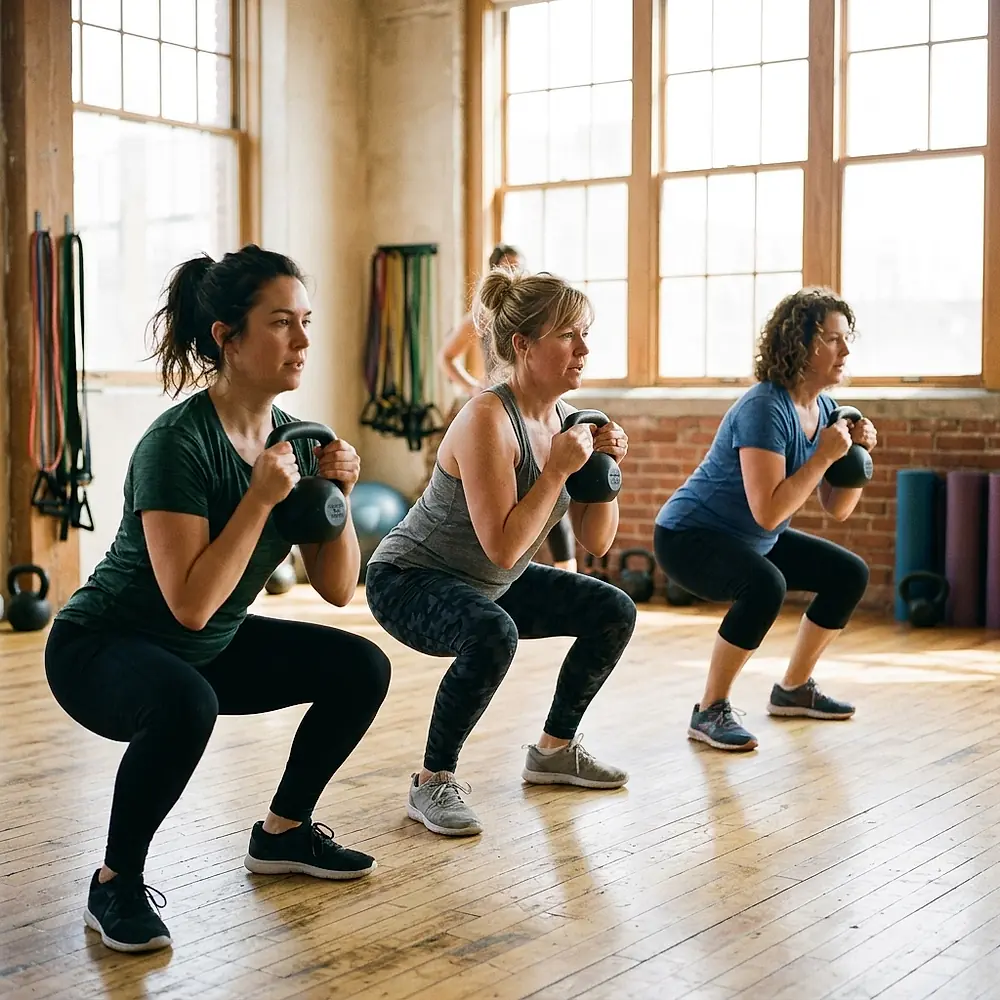 Three clients squatting with kettlebells side by side in a small-group class.