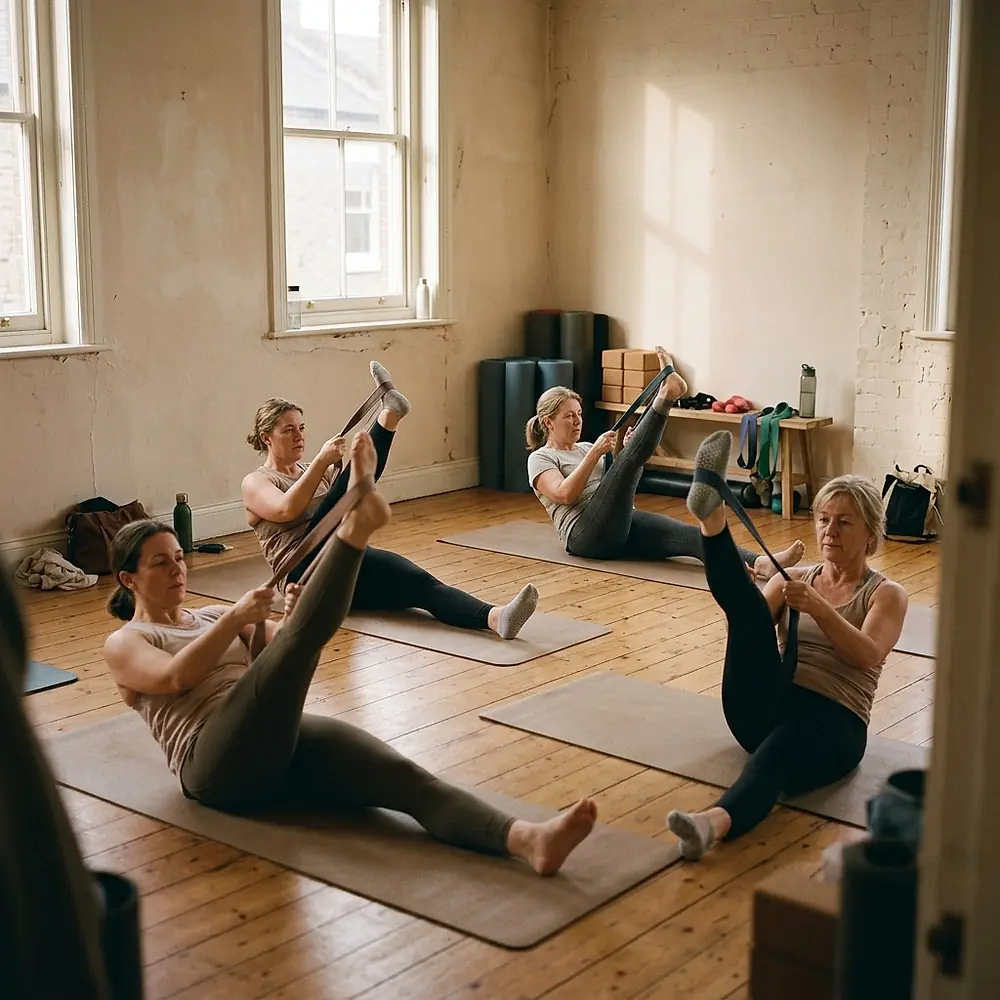 Four clients stretching on mats in a Pilates class.