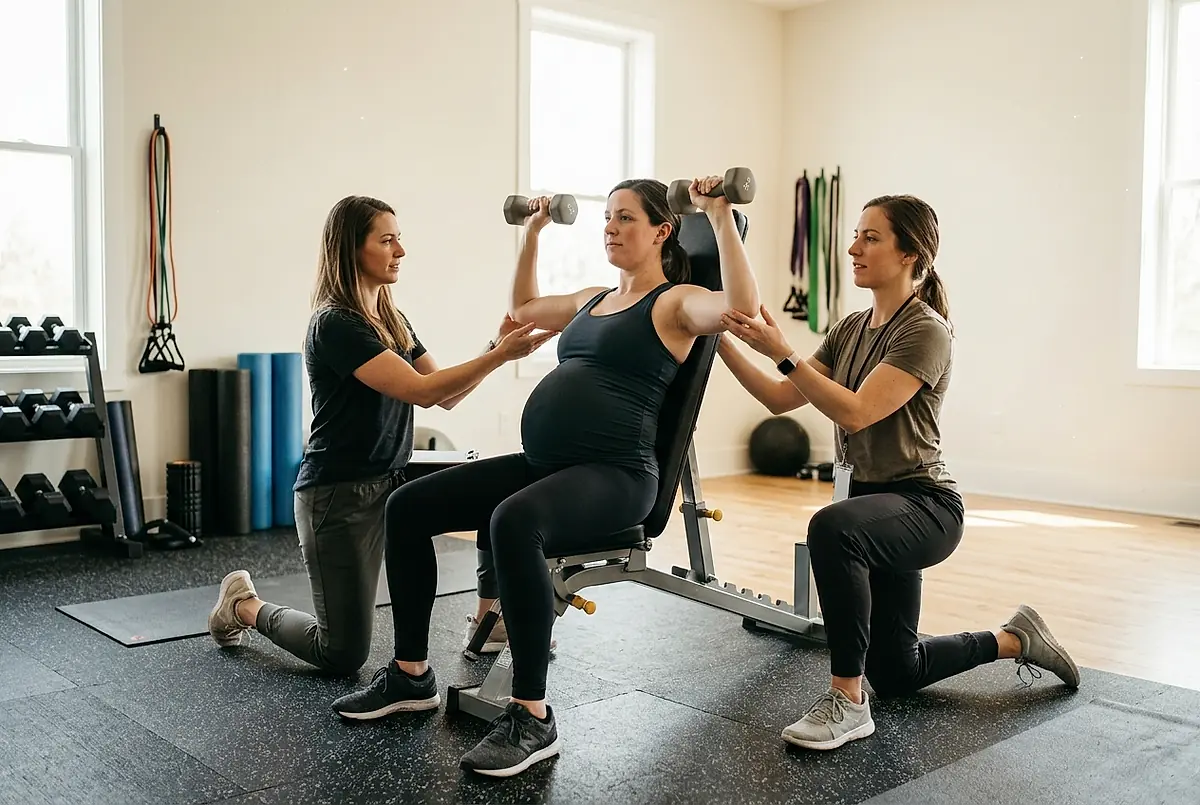 A pregnant client pressing light dumbbells while a coach kneels beside her.