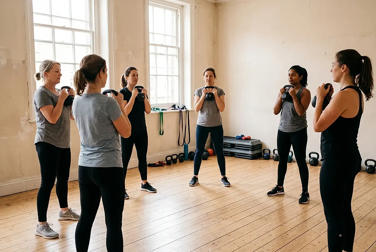Five clients holding kettlebells at their chests in a group class.