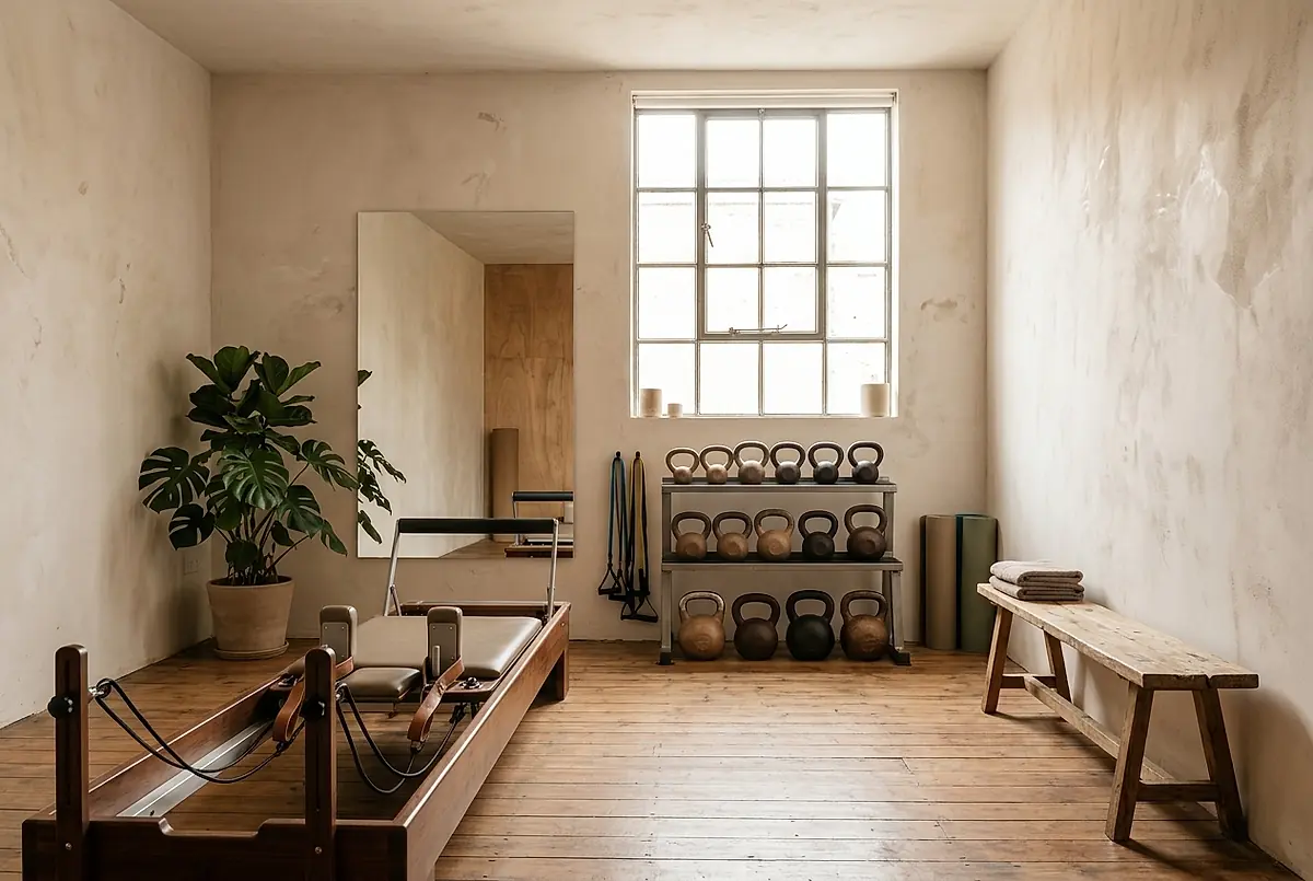 The studio: a reformer, a rack of kettlebells, a bench and a mirror.