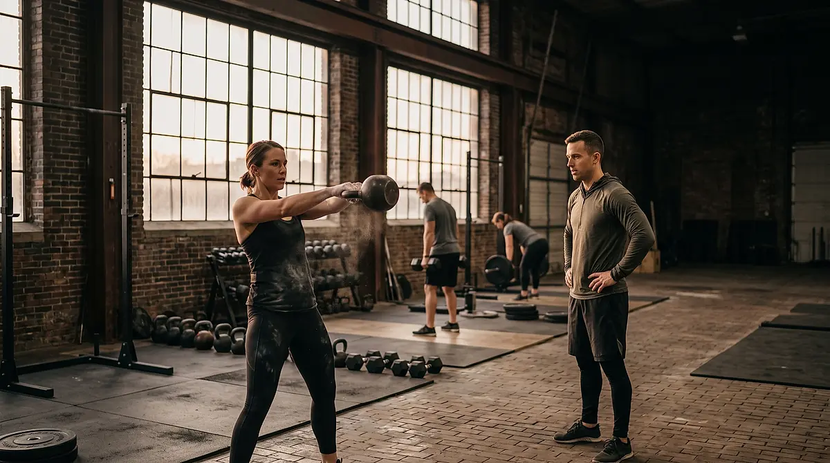 Two people training with kettlebells in a warehouse gym while a coach watches.