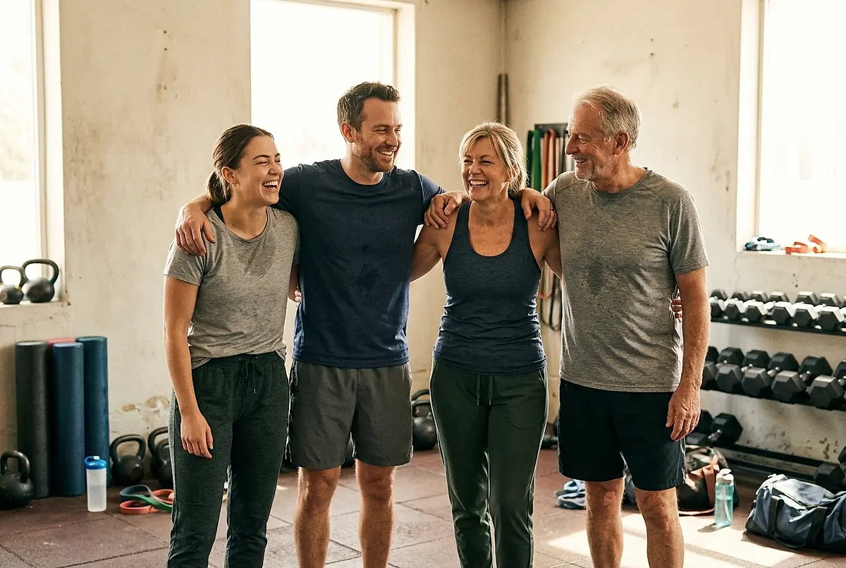 Four members standing together with their arms around each other after a session.