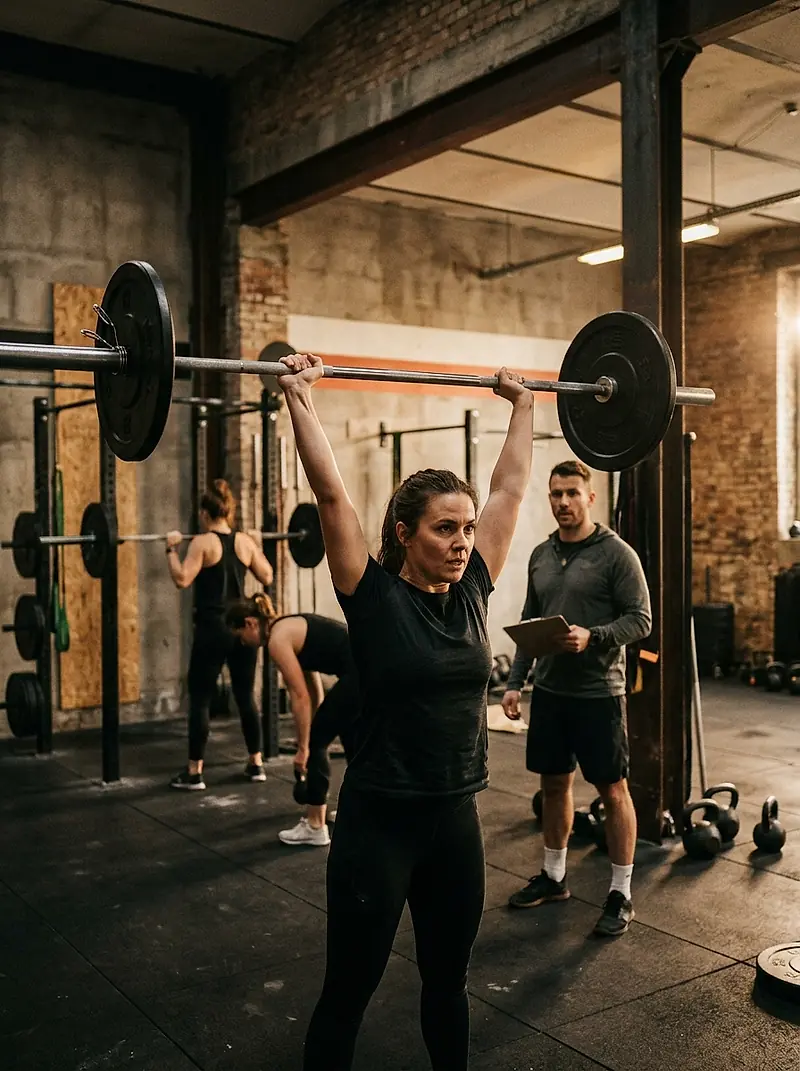 A member pressing a barbell overhead in a small strength class.