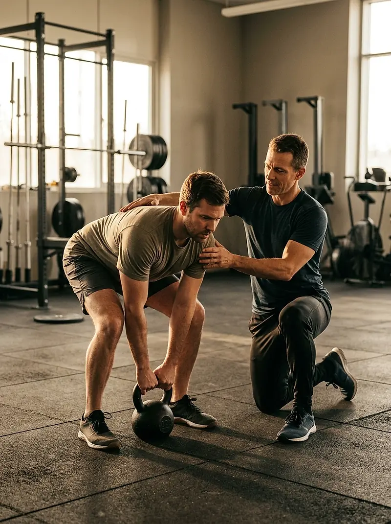 A coach beside a member setting up for a kettlebell deadlift.
