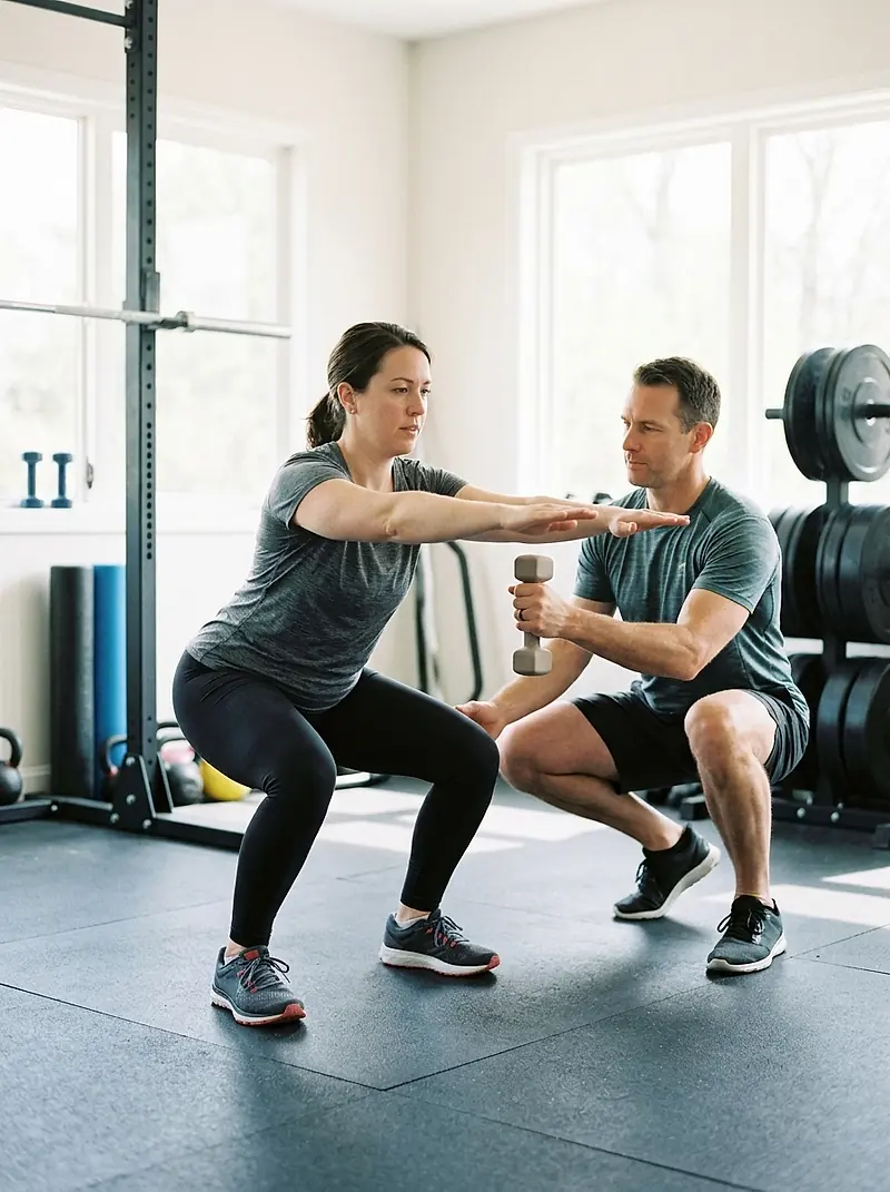 A beginner learning to squat with a coach kneeling beside her.