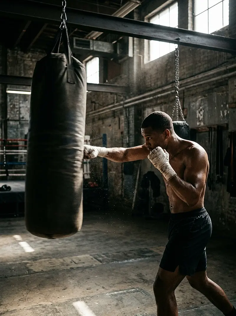 Hands wrapped, working on a heavy bag in the gym.