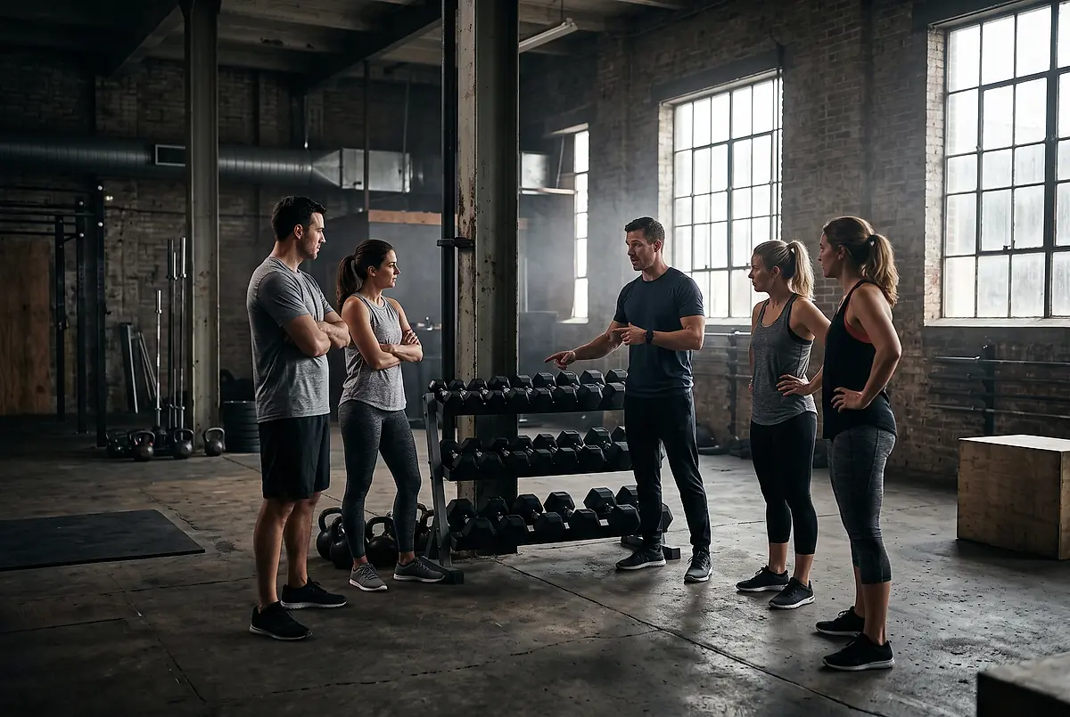 A coach talking a small group through a session at the dumbbell rack.