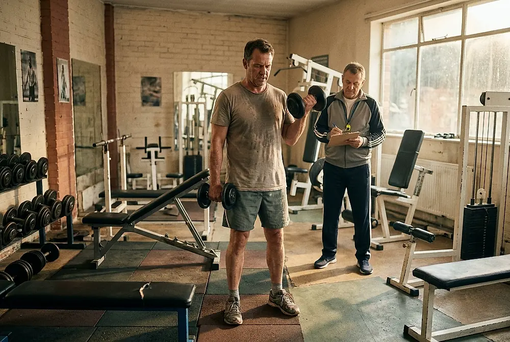 A member lifting dumbbells while a coach watches with a clipboard.