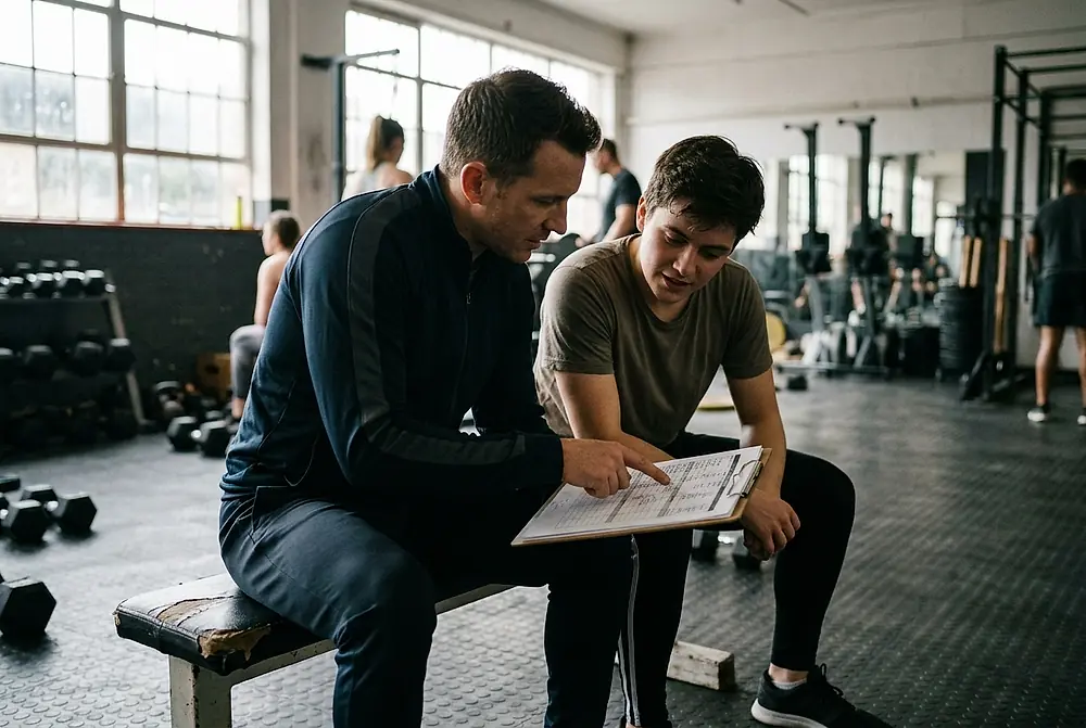 A coach and a member reading a printed training program together.